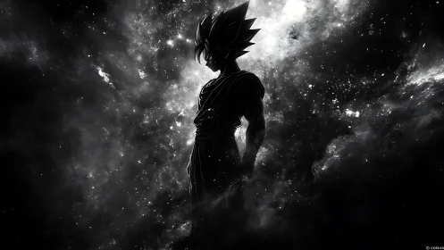 Silhouetted spiky haired figure in monochrome cosmic void.