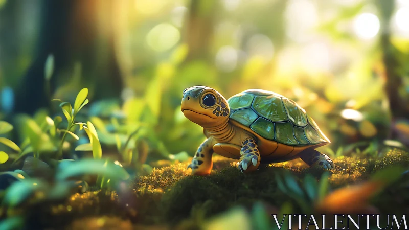 Sunlit forest hatchling strolls through glowing moss dream.