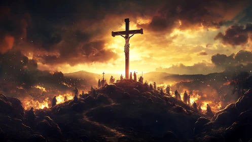 Fiery hilltop cross at dusk with pilgrims in soft glow.