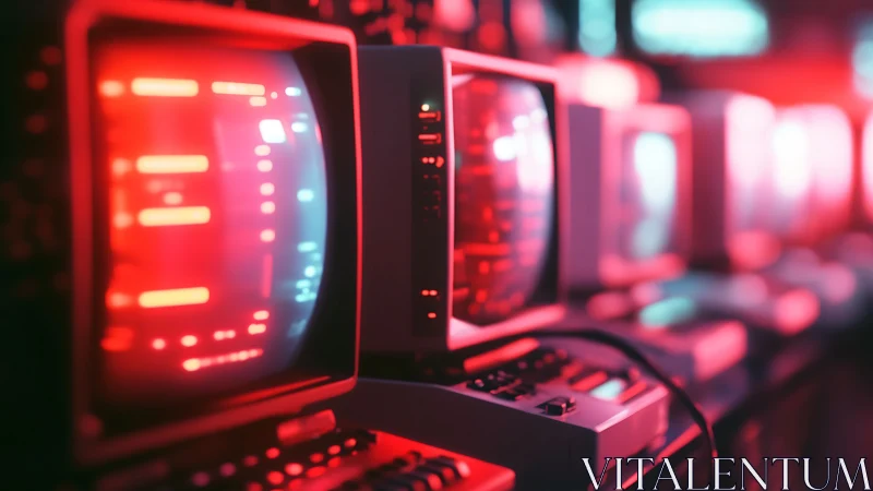 Retro terminals glowing in neon-red cyberpunk studio lab.