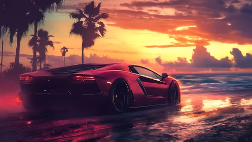 Red supercar powers along neon-lit beach at sunset