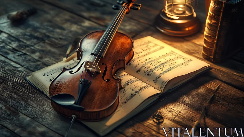 Violin rests on illuminated sheet music under lantern glow.