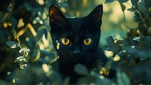 Black Cat Portrait with Golden Eyes in Lush Foliage.
