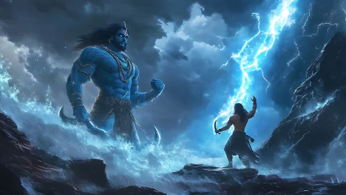 Thunderlit duel unfolds between giant blue deity and warrior