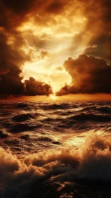 Dramatic golden-hour seascape renders turbulent sunlit waves