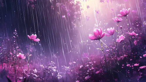 Pink flowers rain ethereal digital artwork