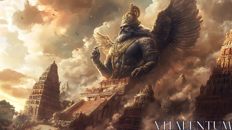 Winged mythological guardian over stone temple complex.