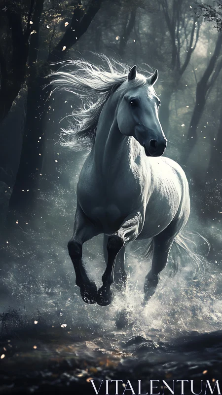 White horse running through shallow water in misty forest.