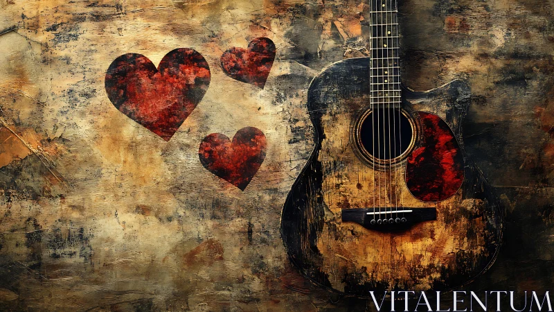 Weathered acoustic guitar and hearts evoke rustic romance.