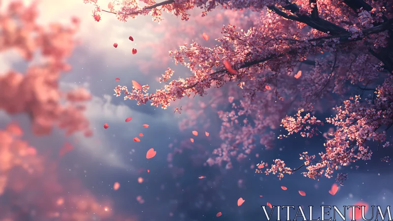 Cherry blossoms drifting across soft twilight sky.