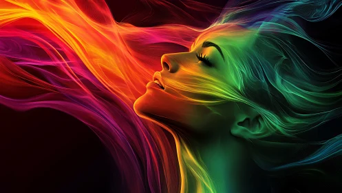 Profile portrait with flowing neon rainbow light trails.