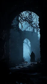 Nocturnal swordsman in misted ruin archway, volumetric moonlight.