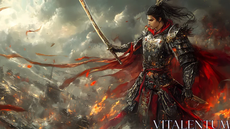 Armored warrior stands over burning battlefield in storm.