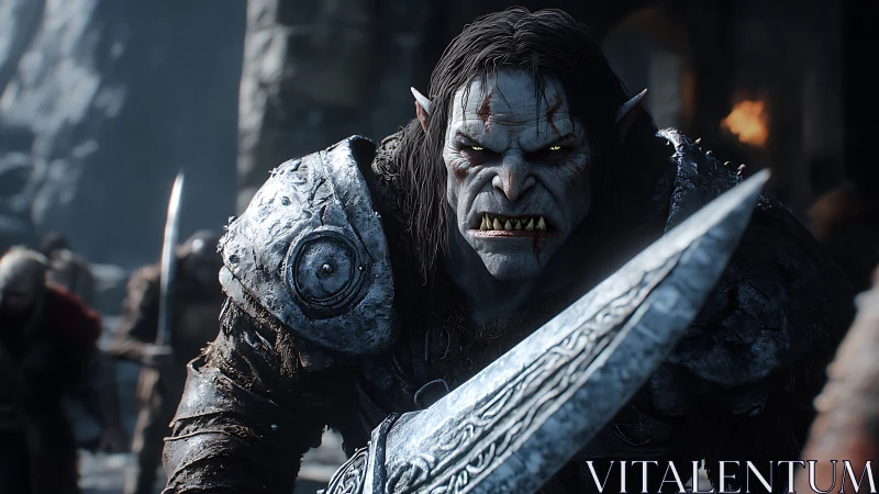 Armored orc warrior lunges forward with massive sword.