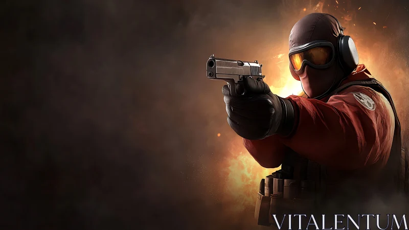 Armed tactical figure in red gear before explosion background.