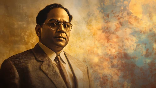 Stoic suited man stands before textured golden backdrop