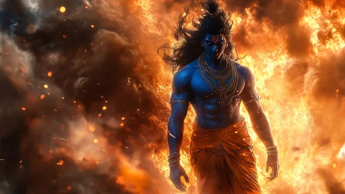 Blue-skinned deity figure walks through fire and smoke.