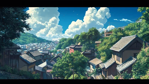 Hillside Japanese townscape under towering summer cumulus clouds.