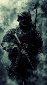Tactical soldier emerging through swirling combat smoke.