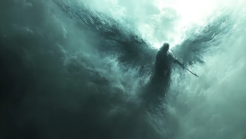 Ethereal Angelic Silhouette Emerging Through Turbulent Cloudscapes.