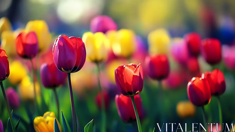 Vibrant Tulip Field with Red Blooms in Sharp Focus