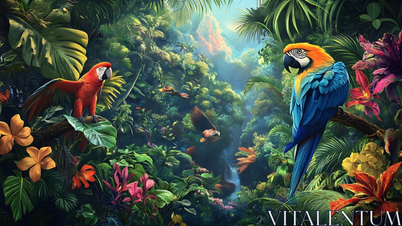 Tropical macaws above dense rainforest gorge with waterfall