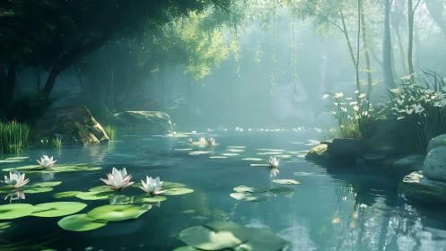Tranquil forest pond holds white water lilies in soft light