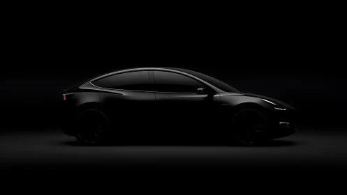 Side profile of black electric car in low key lighting.
