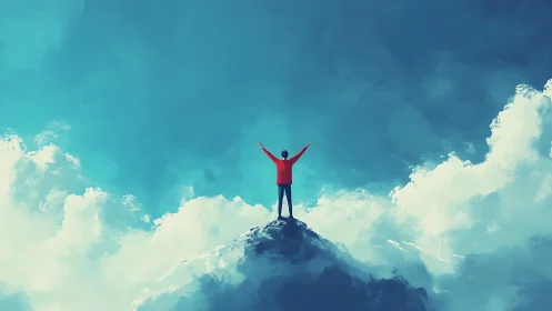 Triumphant figure on misty summit against vast sky.