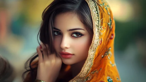 Elegant woman in golden embroidered shawl, soft portrait style.