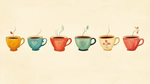 Six colorful coffee cups align with delicate floral steam