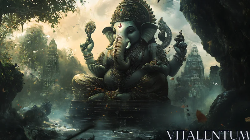 Colossal forest deity quietly crowns mist with bronze light