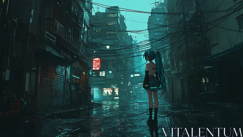 Neon alley daydream with lone teal haired cyber songstress.