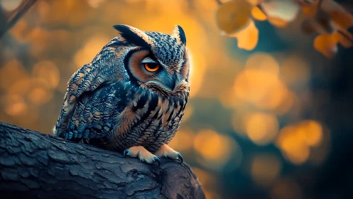 Majestic owl perched on branch in dreamy autumn bokeh style.