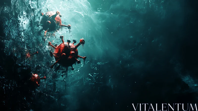 Red virus-like spheres drift in dark teal fluid space