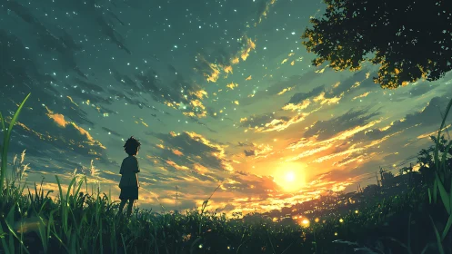 Solitary child watches radiant sunset over summer field