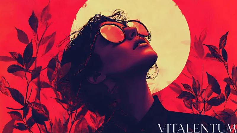 Solar-gazed rebel in neon foliage under a painted moon.