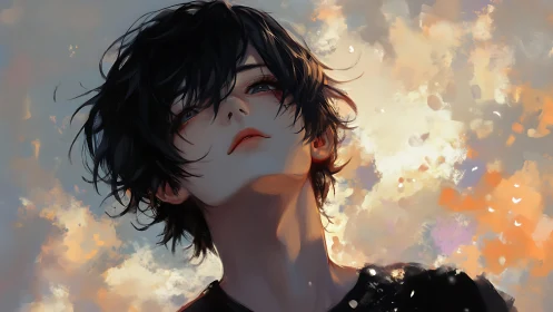 Digital portrait of youth with dark hair against sky backdrop.