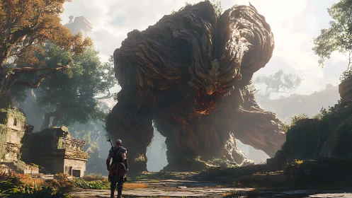 Colossal ember-hearted forest titan confronts lone warrior.