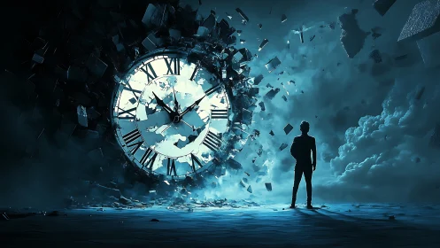 Lone dreamer confronts a shattering cosmic clock of fate.