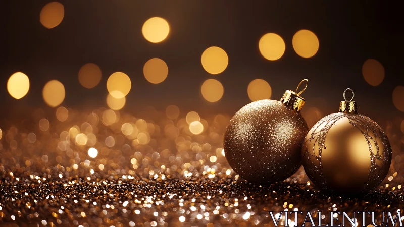 Golden Christmas ornaments glow amid festive bokeh lights.