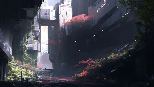 Overgrown cyberpunk alleyway glows with reclaimed neon flora