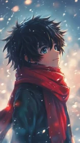 Snowlit dreamer wrapped in crimson scarf beneath winter glow.