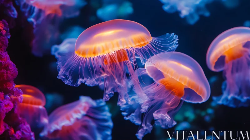 Glowing jellyfish drift in dense blue water with coral nearby