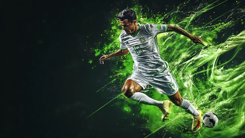 Dynamic footballer in motion amid neon green energy trails