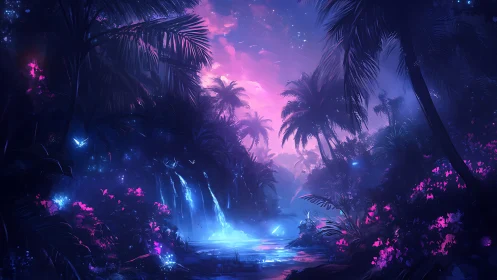 Neon-lit alien jungle river rendered with high-contrast bioluminescent glow