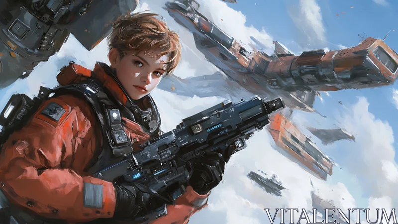 Starward pilot steadies a charged rifle amid drifting carriers