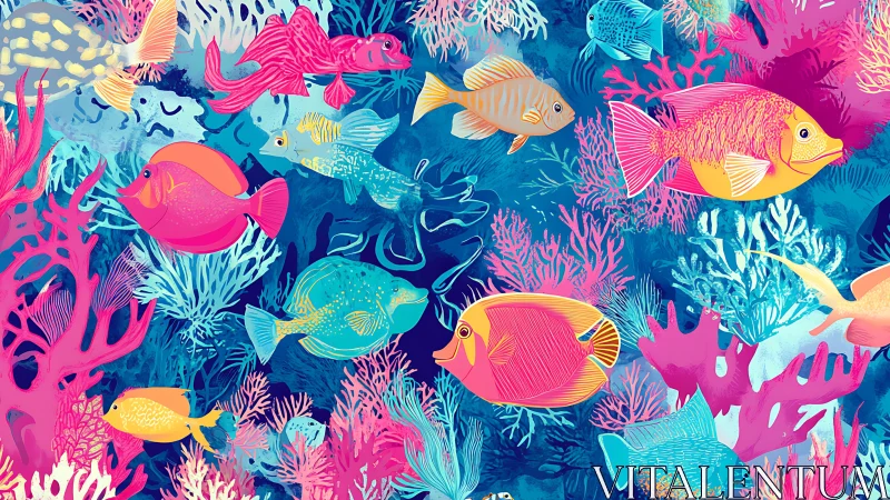 Colorful coral reef scene with stylized tropical fish.