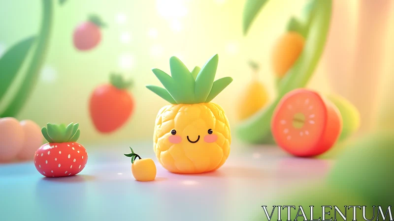3D kawaii fruit characters in soft pastel studio lighting.