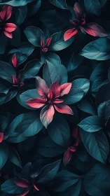 Crimson petals bloom against moody teal foliage.